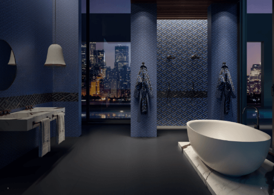 Salle de Bain haut de gamme SuissePergo carrelage VersaceCeramice signé Versace