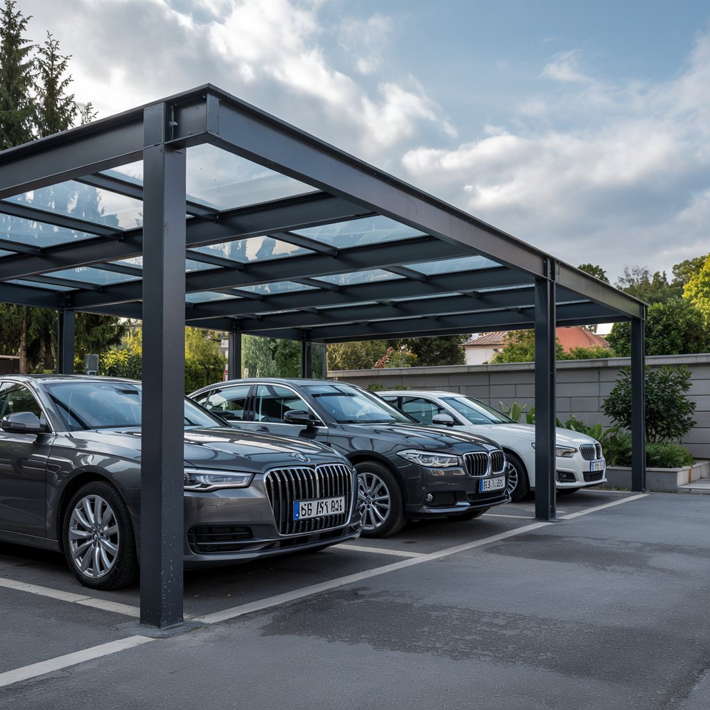 Carport SuissePergo sur un parking d'entreprise pour protéger les voitures