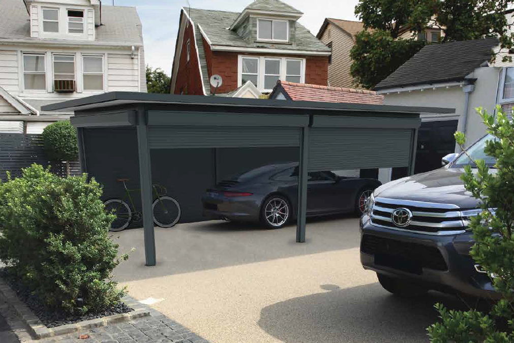 carport SuissePergo modèle VR avec une porsche en dessous