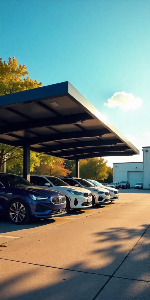 aménagement extérieur avec un carport aluminium pour le parking d'une entreprise SuissePergo