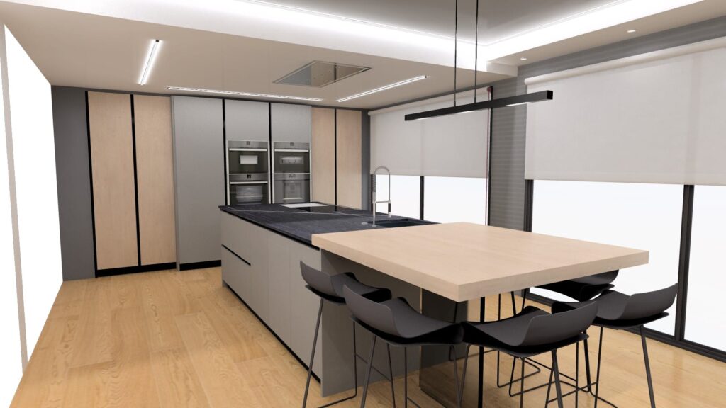 Perspective Cuisine aménagement intérieur SuissePergo sur un logiciel 3D