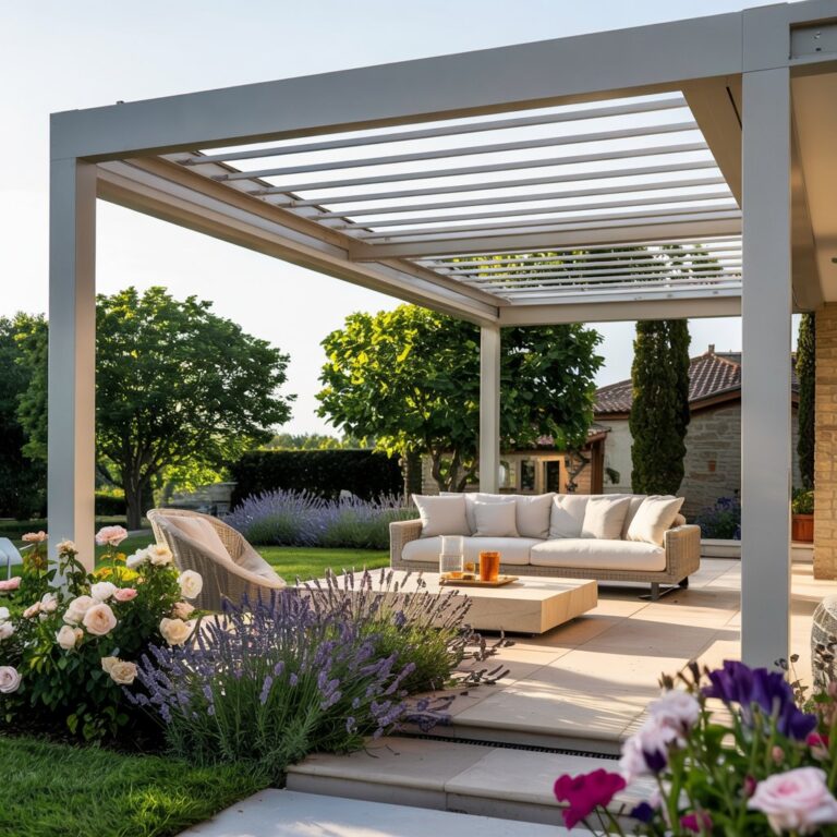 pergola aluminium bioclimatique suissepergo dans un jardin fleuri