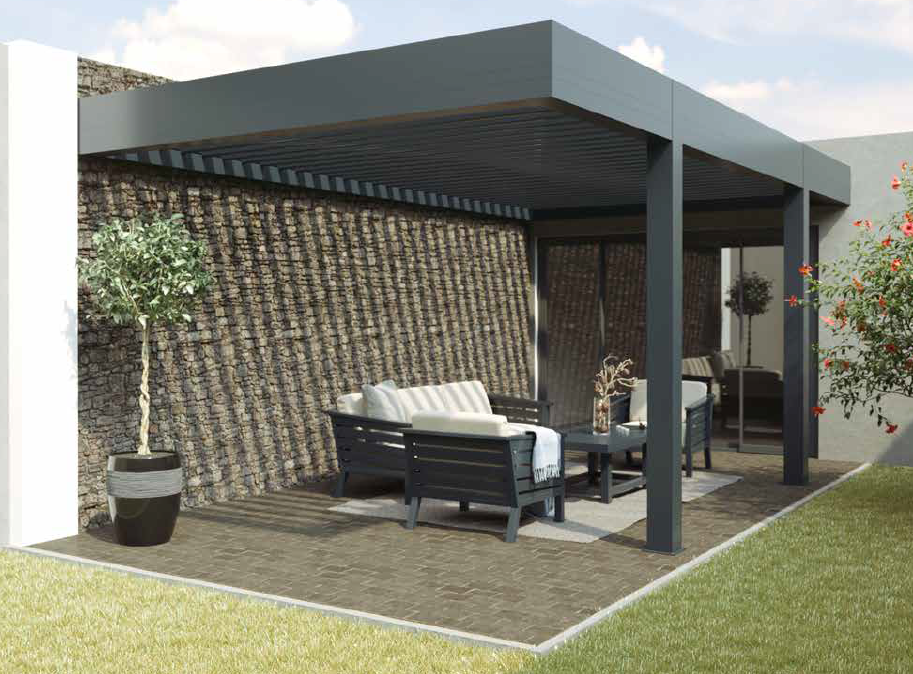 Pergola aluminium thermolaqué modèle SunControl 3 poteau déporté SuissePergo